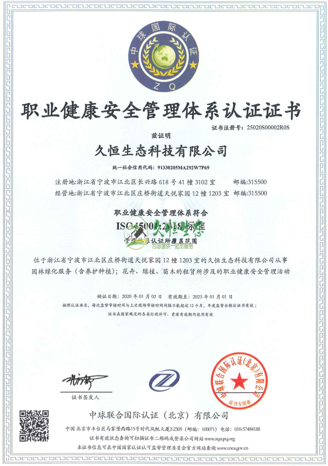 武汉汉阳职业健康安全管理体系ISO45001证书